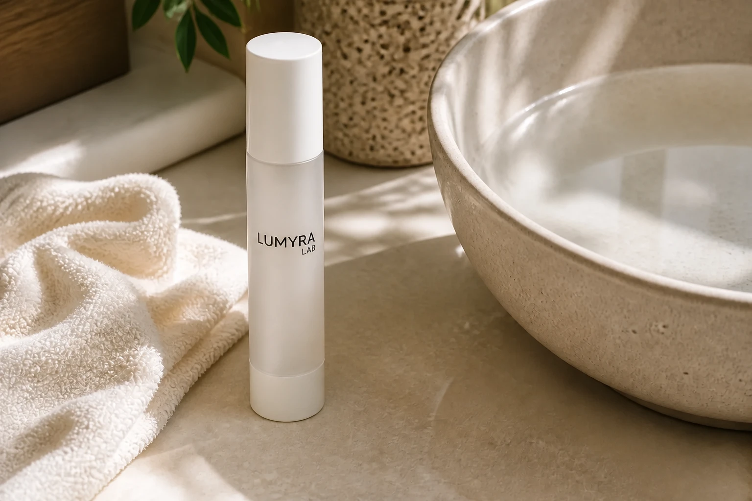 01 Cleanser beside a wash bowl and folded towel