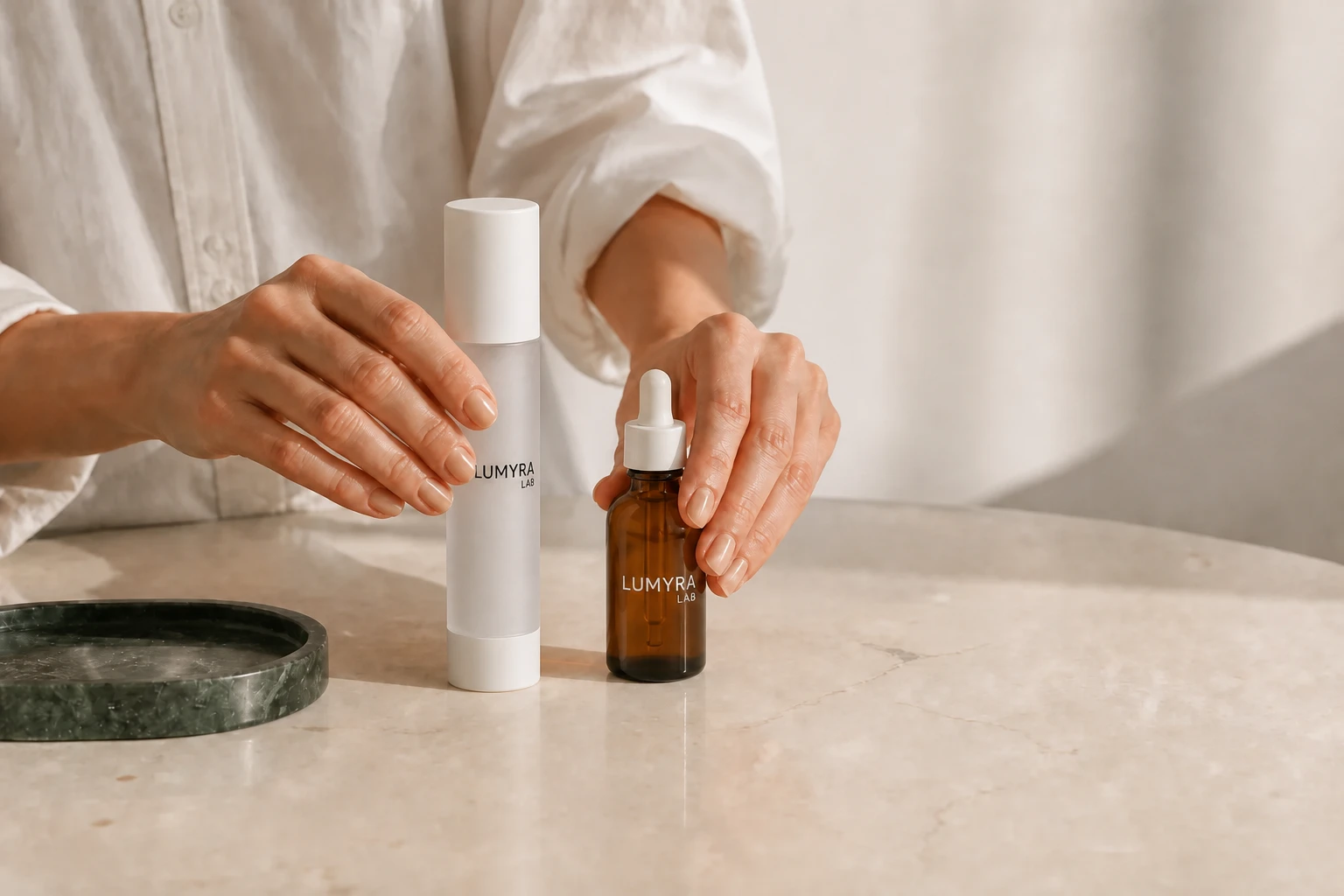 Hands arranging 01 Cleanser and 06 Retinol on a stone worktable