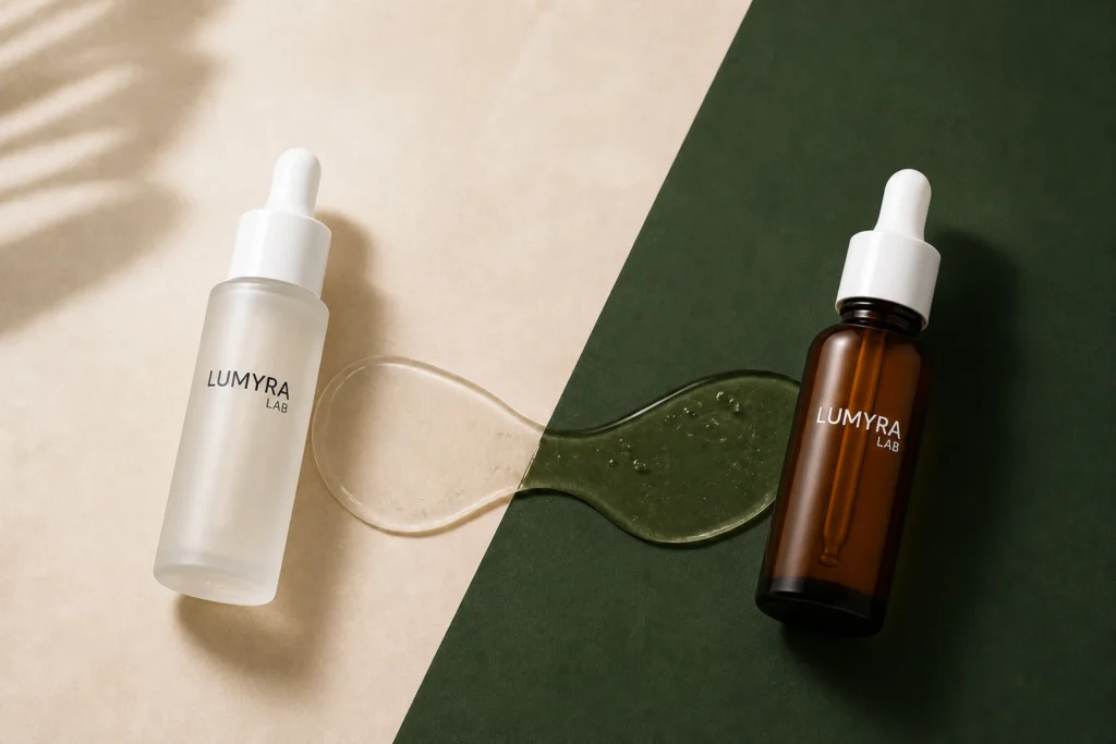 03 Glow Serum and 06 Retinol on cream and green surfaces