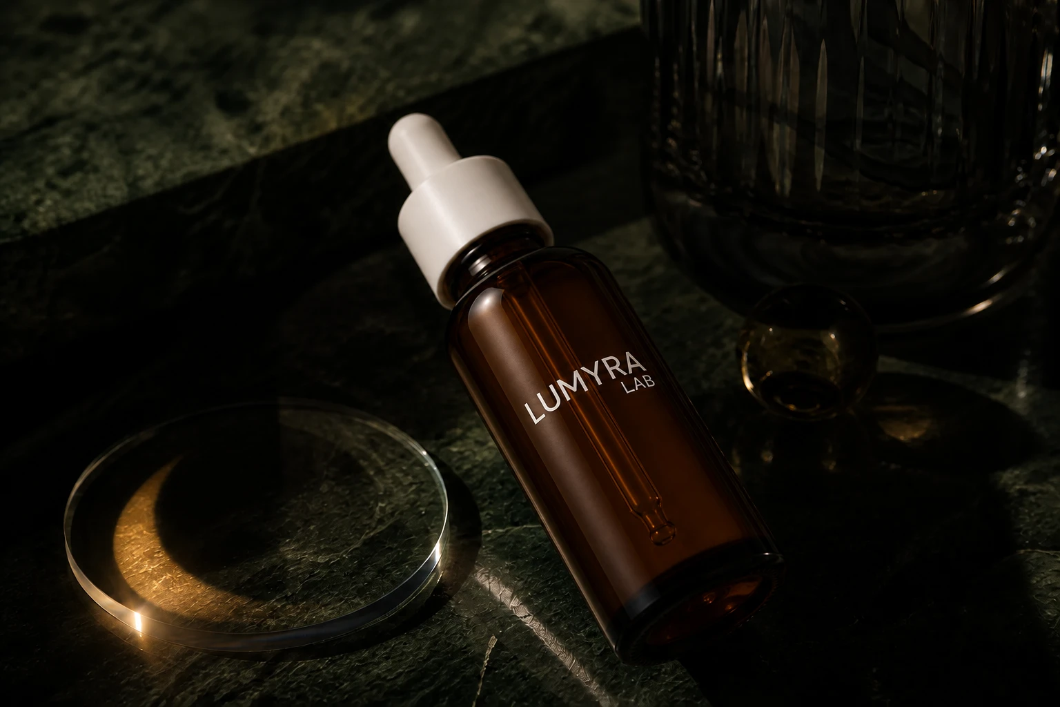 06 Retinol on forest green stone with crescent light