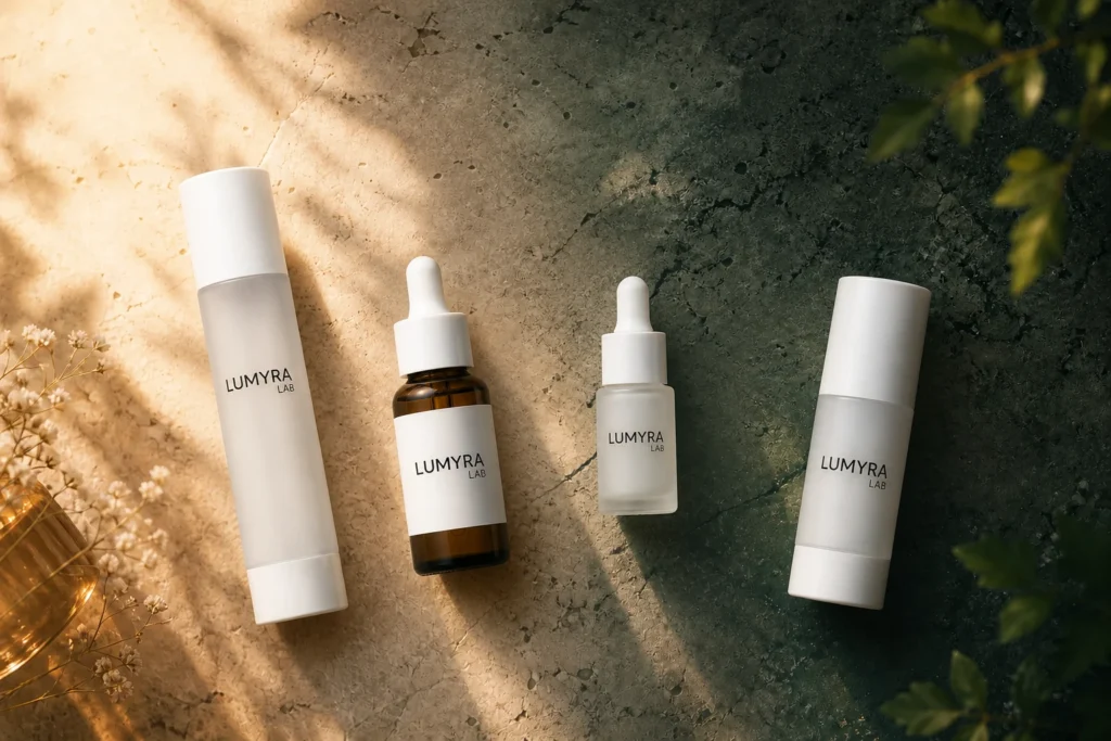 Four Lumyra Lab products arranged from morning light to evening shadow