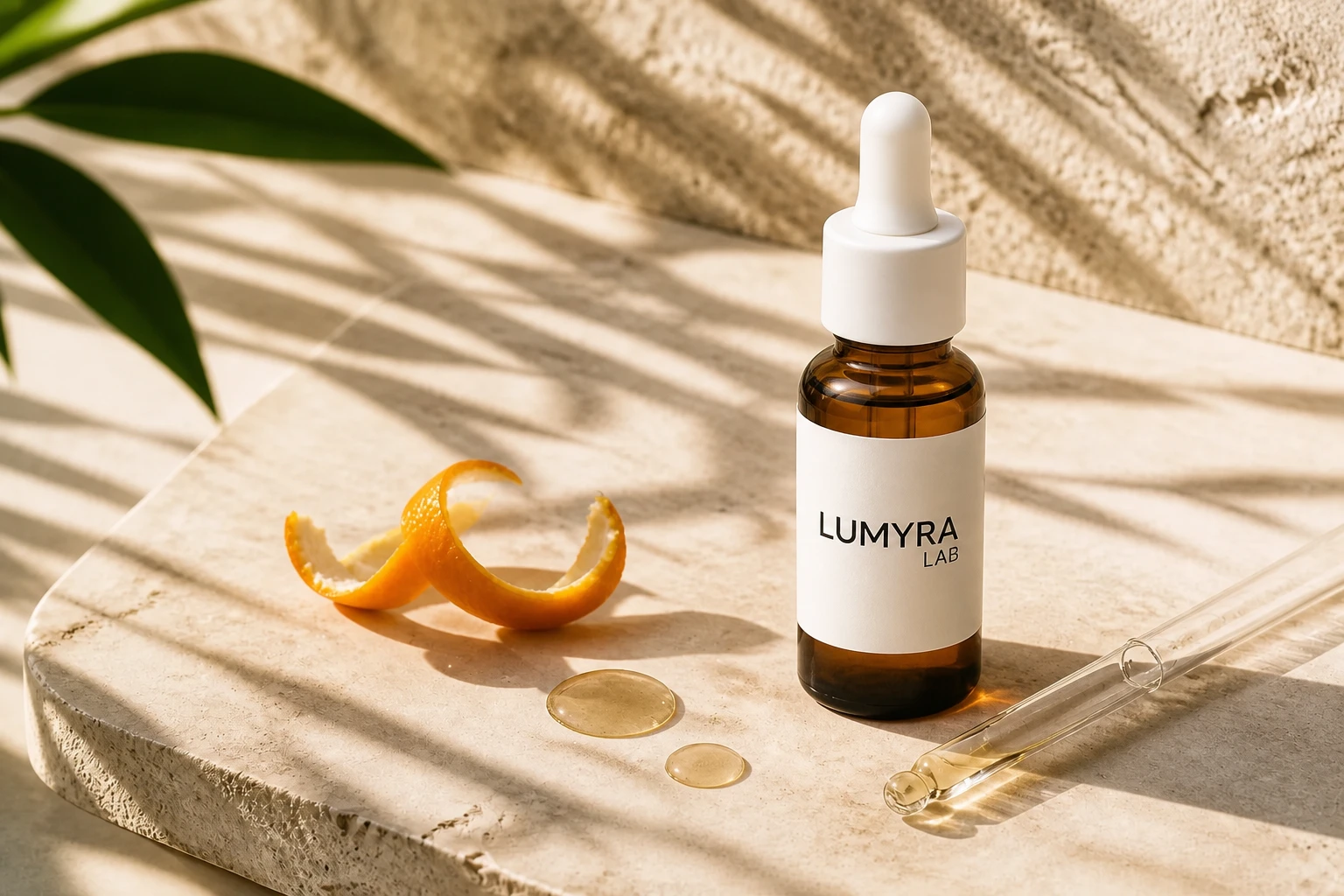 02 Vitamin C with a pipette and citrus peel in morning light